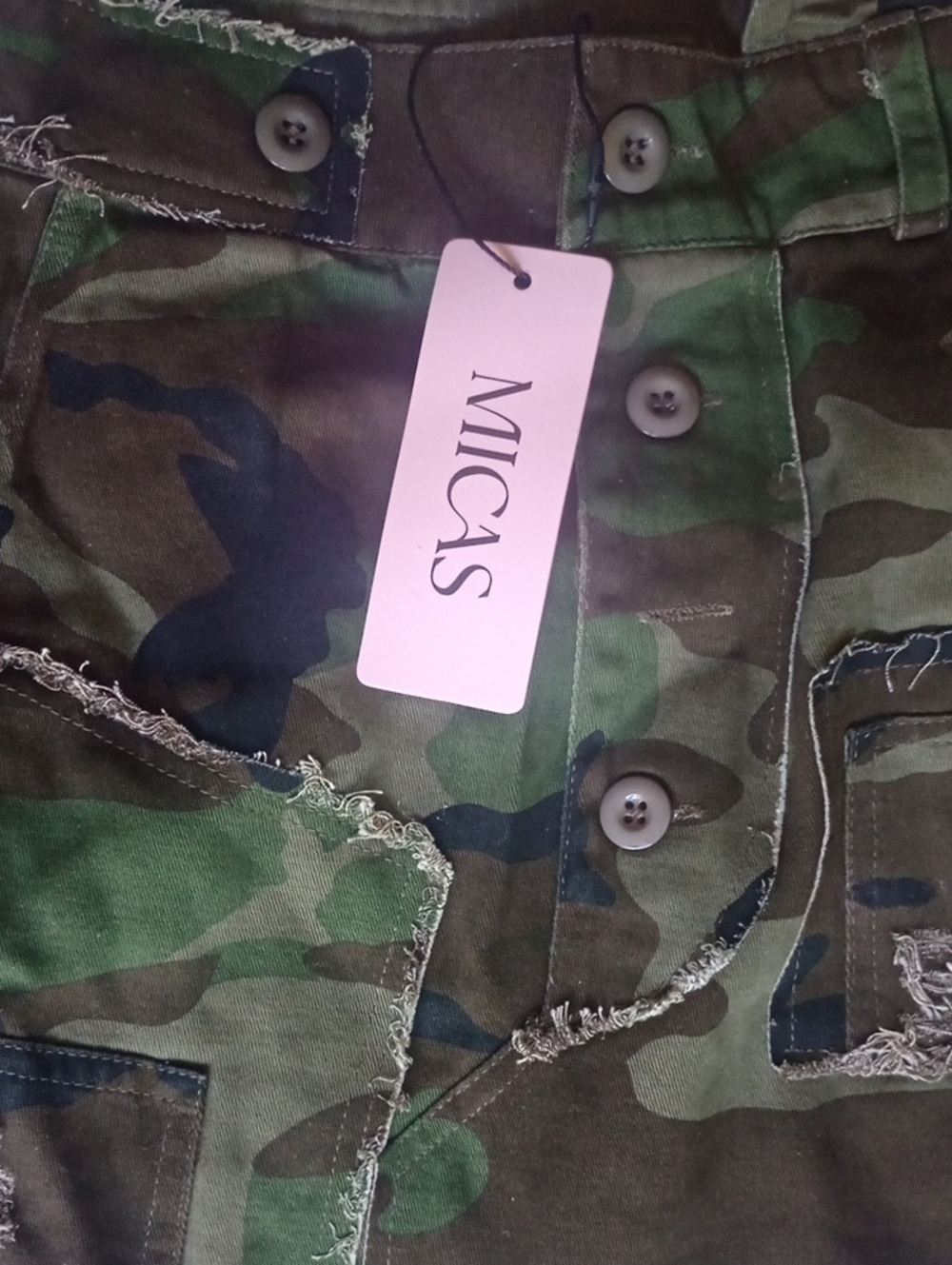 NWT Micas Camo Cargo Button & Tassel Fringe Raw Edge Army Mini Skirt - Picture 10 of 10